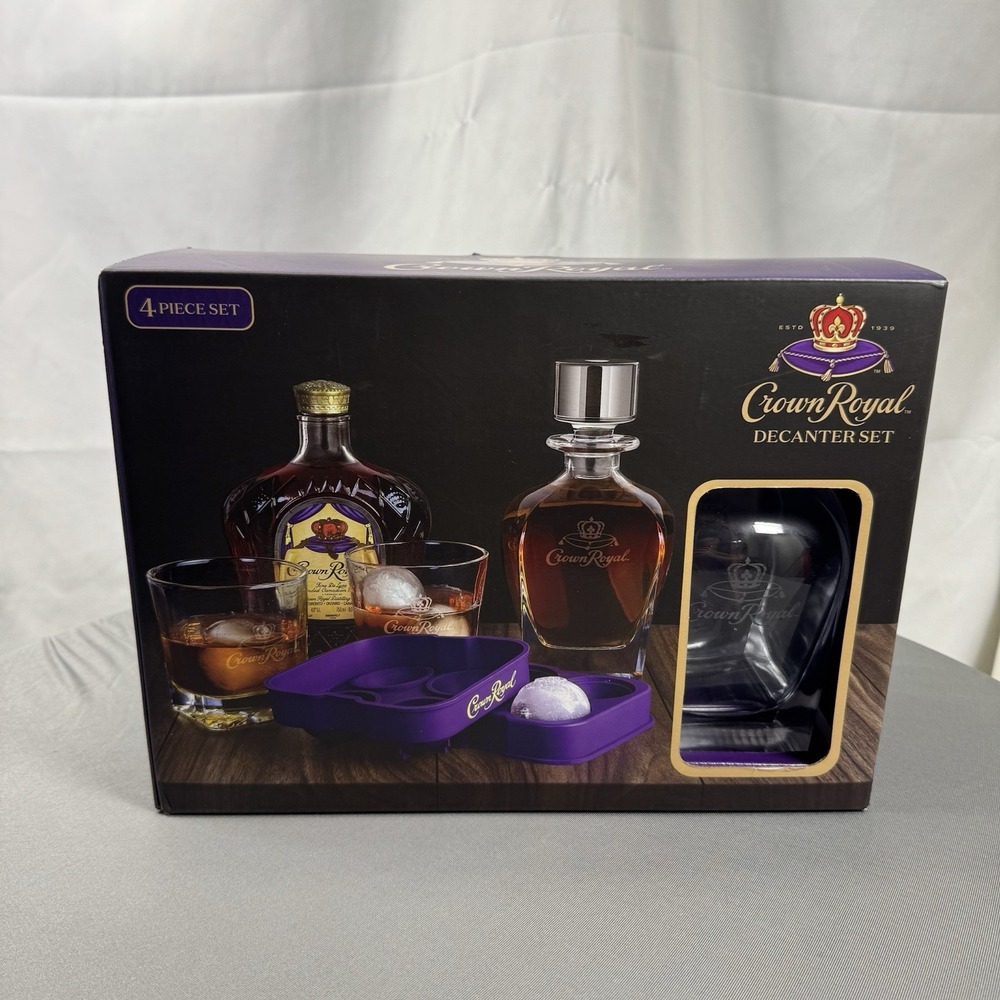 Crown Royal 4-Piece Whiskey Decanter Set w/ Glasses & Ice Sphere Mold NIB
